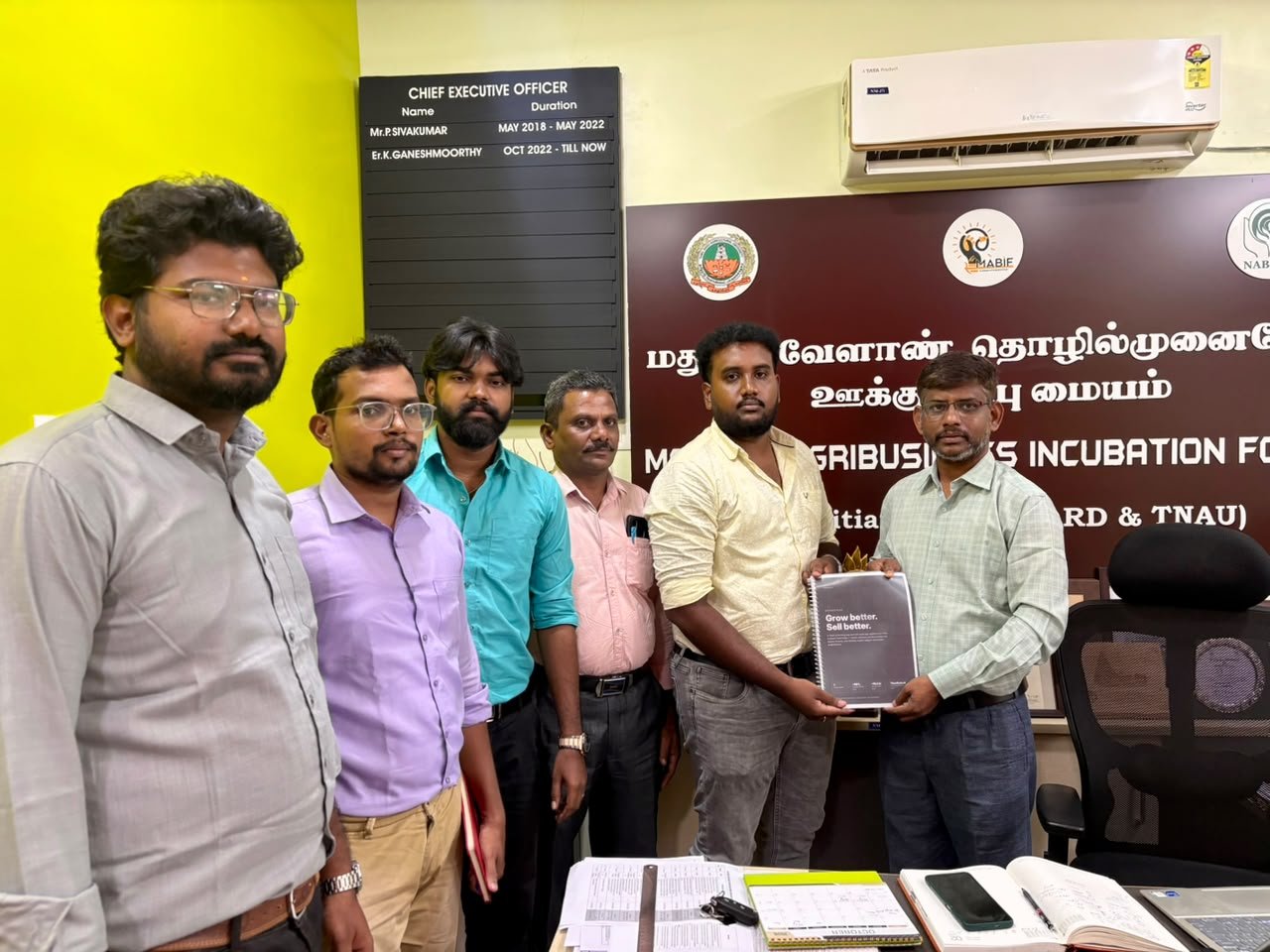 AgrowNex team handing over their booklet at the MABIF office, Madurai