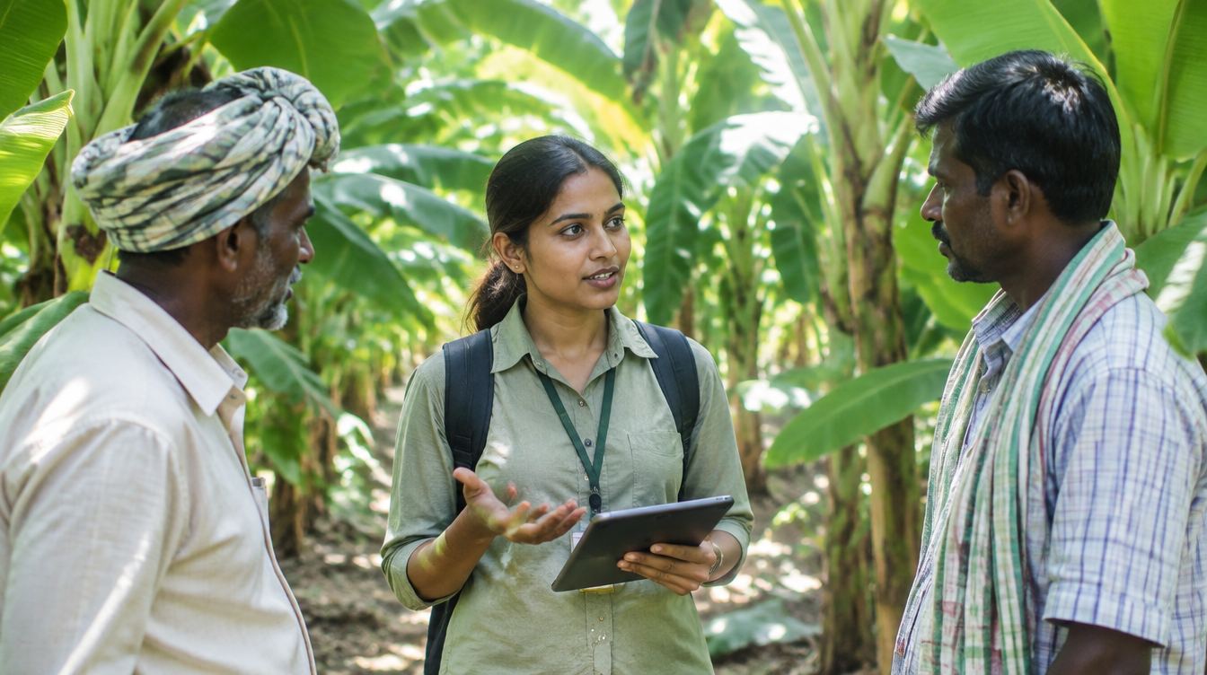 An agronomist advising a farmer in a banana plantation