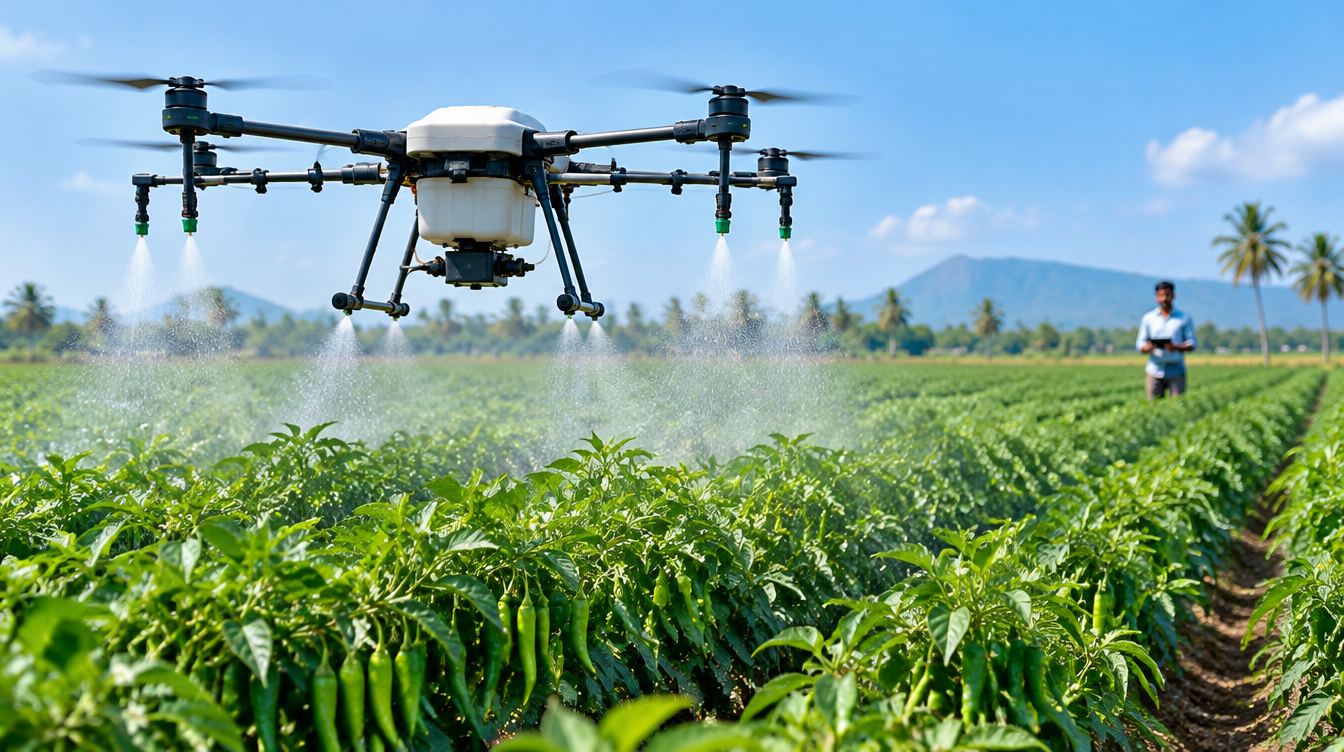 An agricultural spraying drone over a field